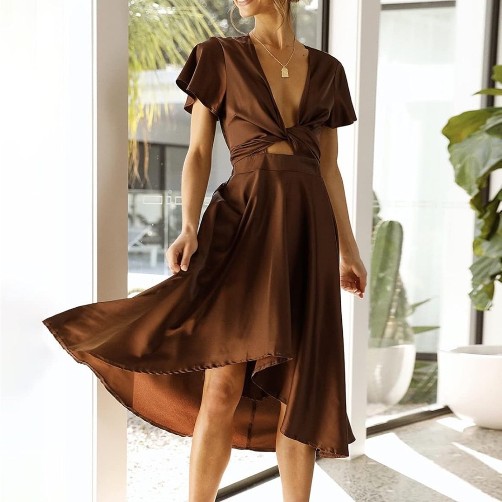 Miduo Satin V Neck Tie Front Maxi in Brown